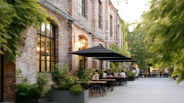 People engage in lively conversation while sipping coffee at a stylish outdoor cafe surrounded by greenery