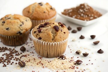 Three muffins with chocolate chips on top. image, photo