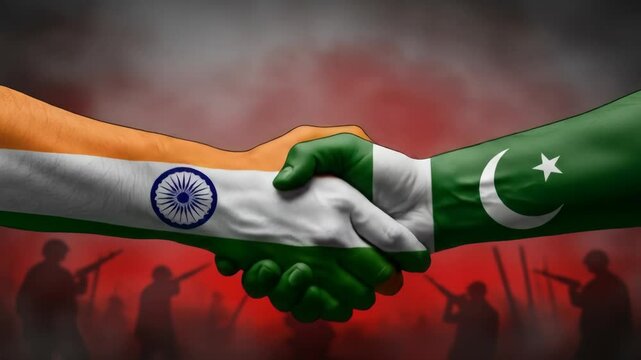 Symbolic handshake of india and pakistan painted hands against a backdrop of military conflict and peace efforts