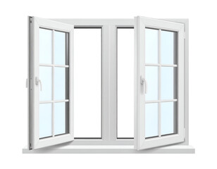 A white double-hung window with panes, slightly ajar, showing a bright interior