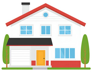 Suburban two-story house with red roof, garage, and trees