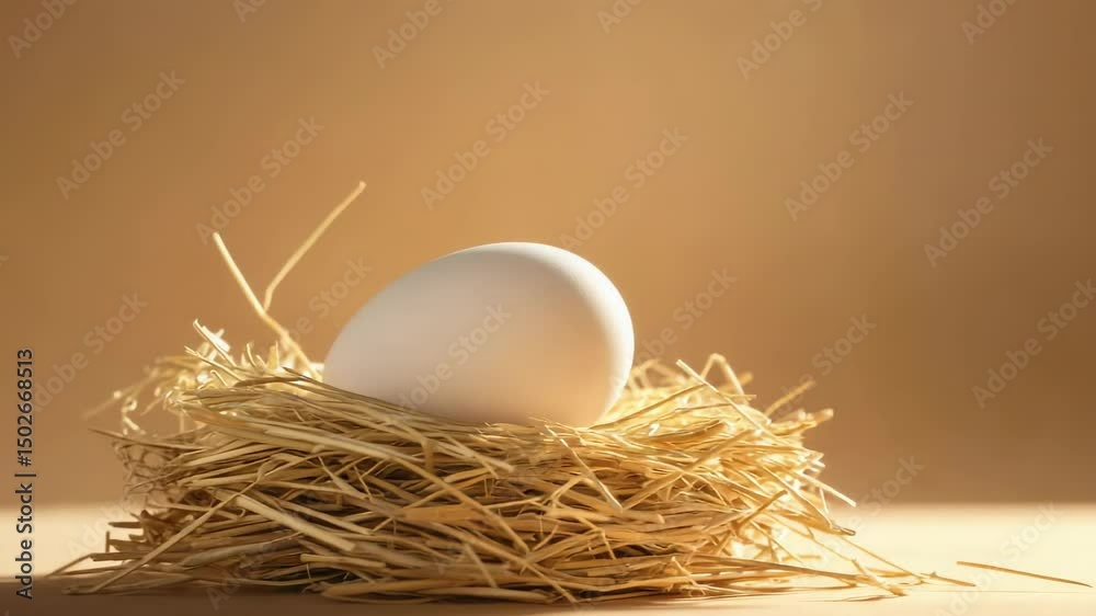 Poster natural white egg rests gently in a small, meticulously crafted straw nest, set against a seamless, 