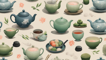 Elegant Tea Ceremony Seamless Pattern Upscale Teacups, Teapots, and Traditional Sweets