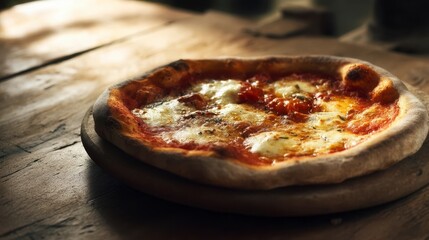 Traditional Italian pizza with melted mozzarella, a delicious culinary delight evoking rustic charm and comfort.