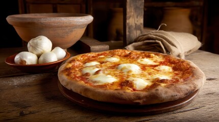 Traditional Italian pizza with melted mozzarella, a delicious culinary delight evoking rustic charm and comfort.