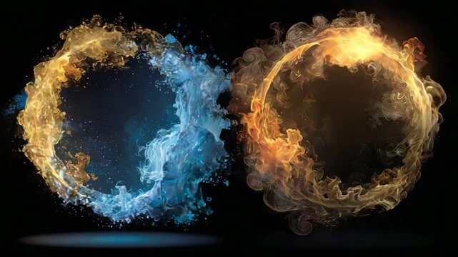 Energy ring fusion: Two stylized orbs, one awash in cool blues, the other in warm yellows and oranges, float against a dark backdrop, evoking concepts of energy, duality, and cosmic interplay.