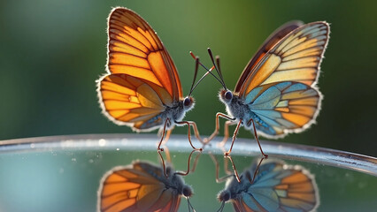 A mirrored moment of nature between two butterflies in harmony.