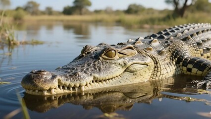 Obraz premium サバンナの池で休んでいるワニ