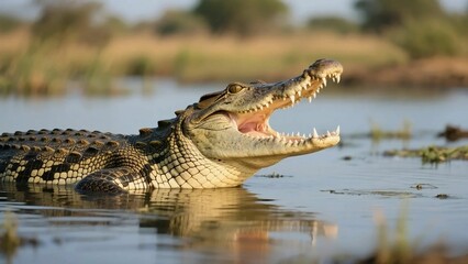サバンナの池で口を大きく開けているワニ