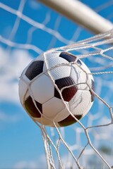 Naklejka premium A Soccer Ball Caught in the Net Against a Blue Sky