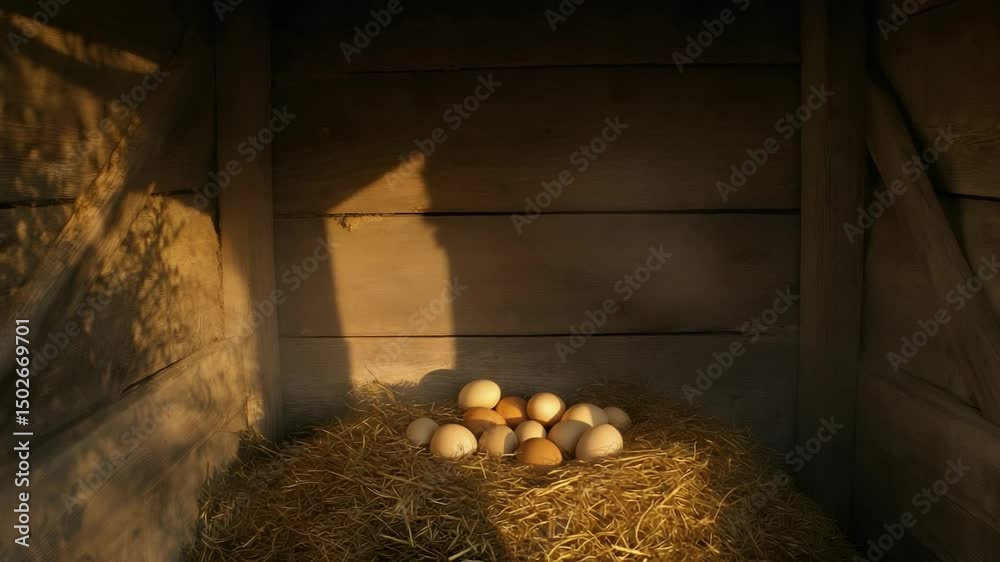 Poster warm sunlight illuminates a pile of fresh eggs nestled in a cozy hay nest inside a rustic wooden chi