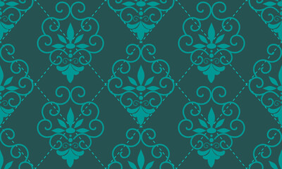 seamless pattern designs with light green damask flower on dark green background, design for fabric or various pattern printing works.
