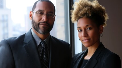 Two professionals in formal attire sharing a confident moment, embodying professionalism and trust