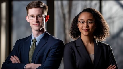 Two professionals in formal attire sharing a confident moment, embodying professionalism and trust