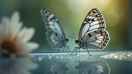 Close-up of a butterfly admiring its mirror image in tranquil morning light.
