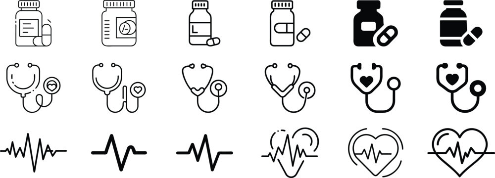 Medical and Healthcare Icon Set: Featuring Medicine Bottles with Pills, Stethoscopes for Diagnosis, and Electrocardiogram (ECG) Heartbeat Lines – Essential for Pharmacy, Cardiology, General Health