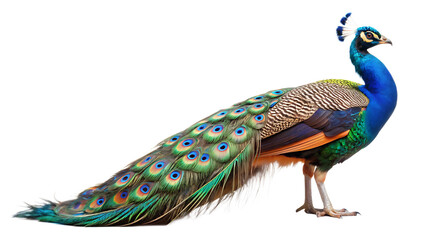  close up photograph of a full body peacock isolated on white background PNG , AI GENERATED