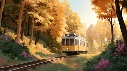 Obraz premium Tram in the Autumn Forest