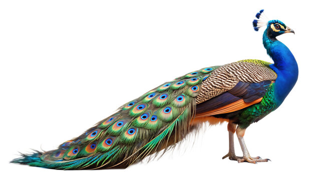  close up photograph of a full body peacock isolated on white background PNG , AI GENERATED