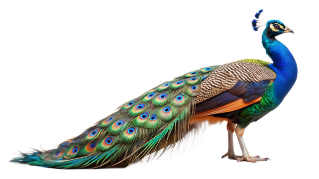  close up photograph of a full body peacock isolated on white background PNG , AI GENERATED