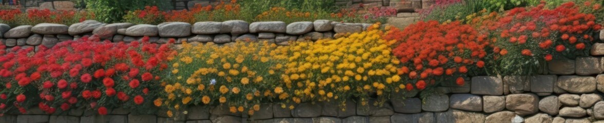 Ancient stone wall, overflowing flowerbeds, vibrant hues,  beauty,  plants,  romantic