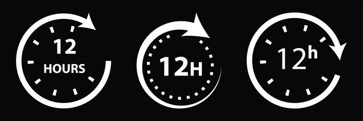 Simple black and white graphic of 12 hours icon logo vector
