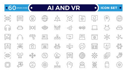 AI and VR outline icon set. Containing robot, artificial intelligence, innovation, smart city, robotics, humanoid, hologram, digital world, high-tech and automation. Editable stroke outline icon.
