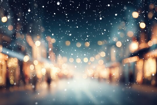 Snow-covered street at night illuminated by warm streetlights with glowing snowflakes and dark sky background.