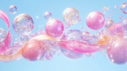 Pastel pink and transparent bubbles and ribbons float on a light blue background