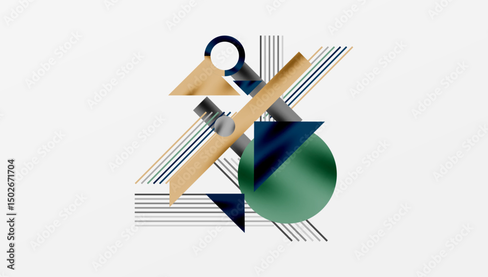 Poster Abstract geometric composition. Shapes overlap, creating dynamic visual interest. Lines, circles, triangles dominate design. Minimalist aesthetic.