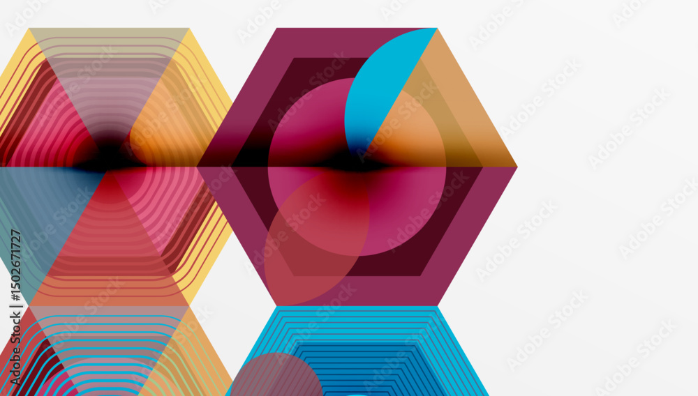 Aufkleber Abstract geometric composition. Hexagons overlap, creating colorful striped patterns. Modern design, vibrant hues, minimalist aesthetic.
