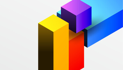 Abstract geometric composition. Colorful cubes intersect, creating dynamic visual effect. Bright hues dominate minimalist design.