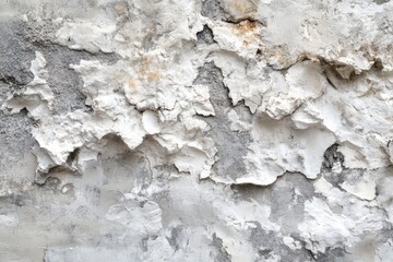 A close-up of a weathered wall with peeling white paint revealing a gray underlayer