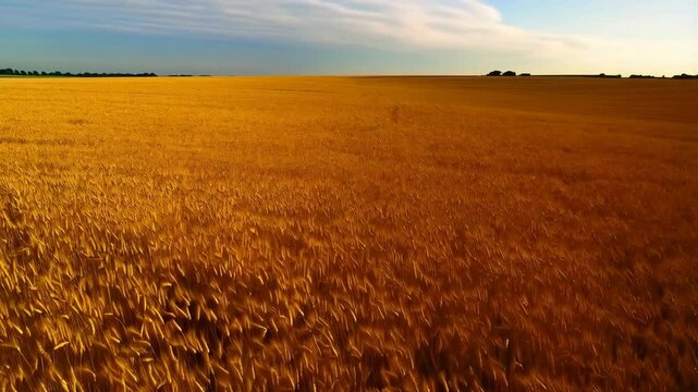 Golden wheat field sways gently in the wind, creating a textured, undulating pattern under warm sunlight, suggesting abundance and harvest.