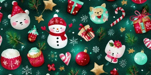 Close-up of green Christmas fabric featuring snowmen and colorful holiday ornaments pattern.