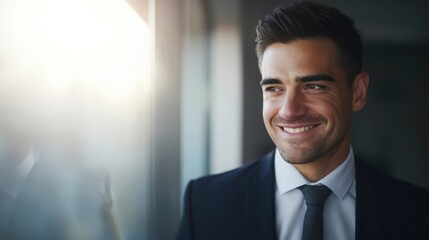 Young man smiling confidently in professional attire, conveying success and self-assurance in a modern workplace.