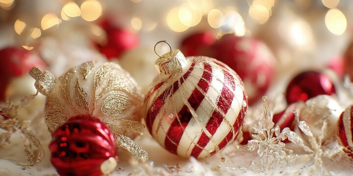 Red and white Christmas ornaments arranged on a wooden table with soft natural lighting.