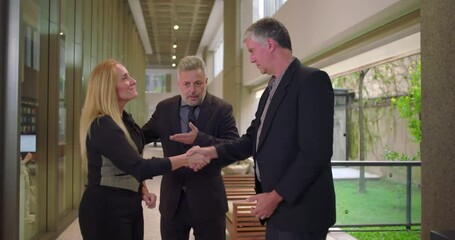 Business manager presenting team members in modern office hallway, colleagues meeting and shaking hands during professional introduction