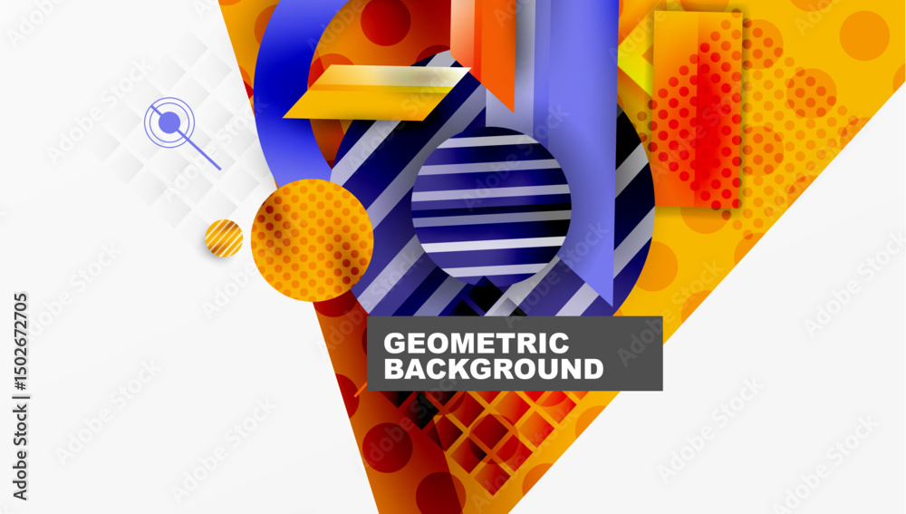 Poster Abstract geometric composition. Vibrant colors, overlapping shapes create dynamic visual experience. Modern design elements present.