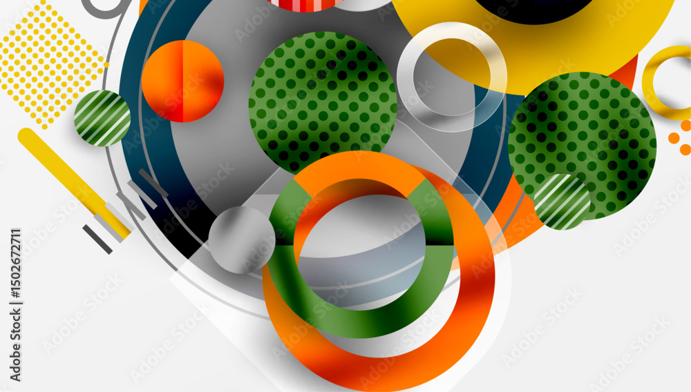Poster abstract geometric shapes overlap. circles, lines, dots create modern design. bright colors contrast