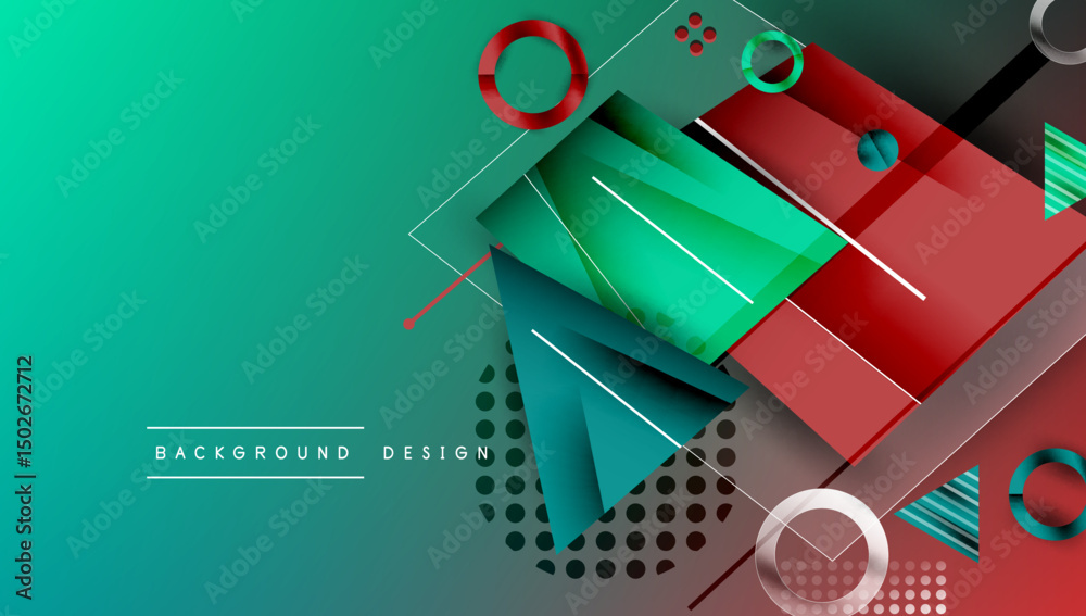 Poster Abstract geometric composition. Vibrant teal, red shapes overlap. Modern design elements create dynamic visual impact. Minimal text present.