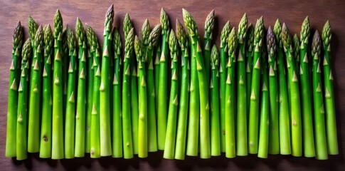 Uniform row of fresh green asparagus spears on wooden surface, harvest, wooden, fresh