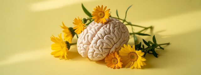 A brain adorned with colorful flowers set against a bright yellow background vibrant yellow background features a brain decorated with various flowers. a cheerful yellow backdrop.
