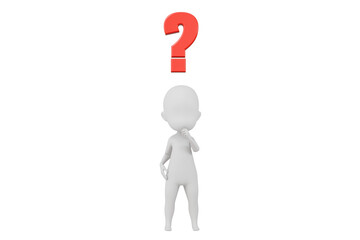 3D A Man thinking with a question mark icon. Minimal Cartoon white human sticky with red question mark isolated on white background. Looking for a solution. Decision and problem concept. 3d render.
