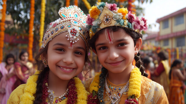 festival Janmashtam, children in Krishna & Radha costumes, joyful expressions, Ai generated images