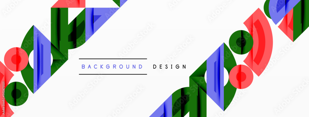 Poster Abstract geometric shapes repeat across white space. Red, green, blue elements create dynamic visual pattern. Simple design.