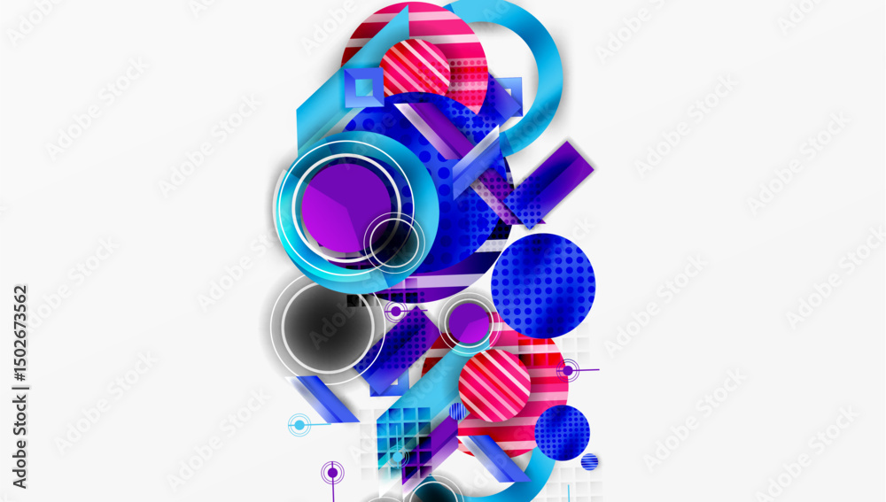 Aufkleber abstract geometric composition. circles, squares, rectangles overlap. vibrant colors create dynamic 