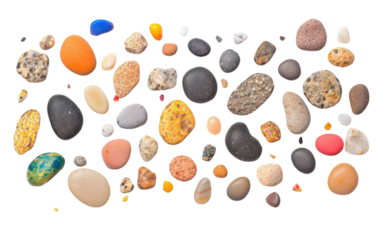 sea pebbles on white background, top view