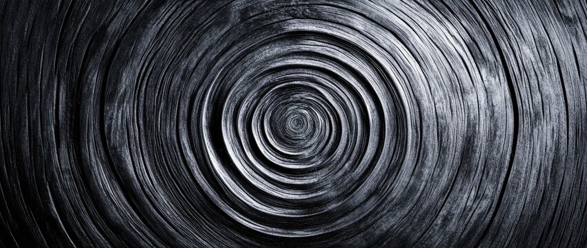 A black and white abstract image of concentric circles, creating a hypnotic spiral effect