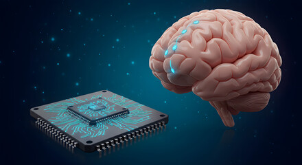 Human brain with neural implant and connected computer chip